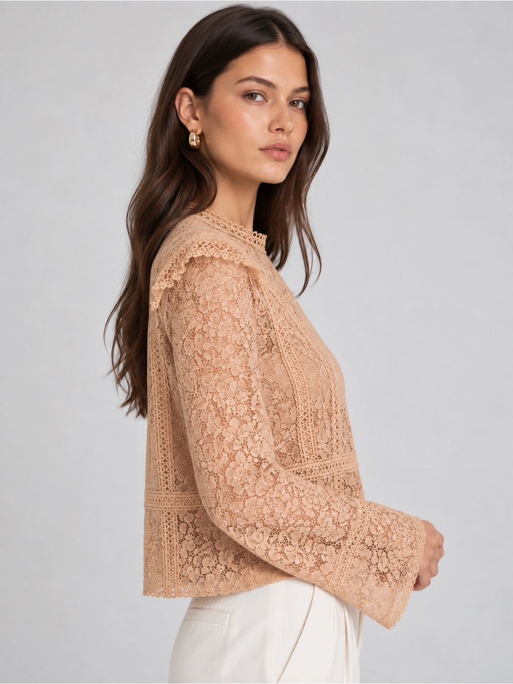 Zara Nude Beige Floral Lace Crochet Embroidered Trim Long Sleeve Top M Boho Y2K